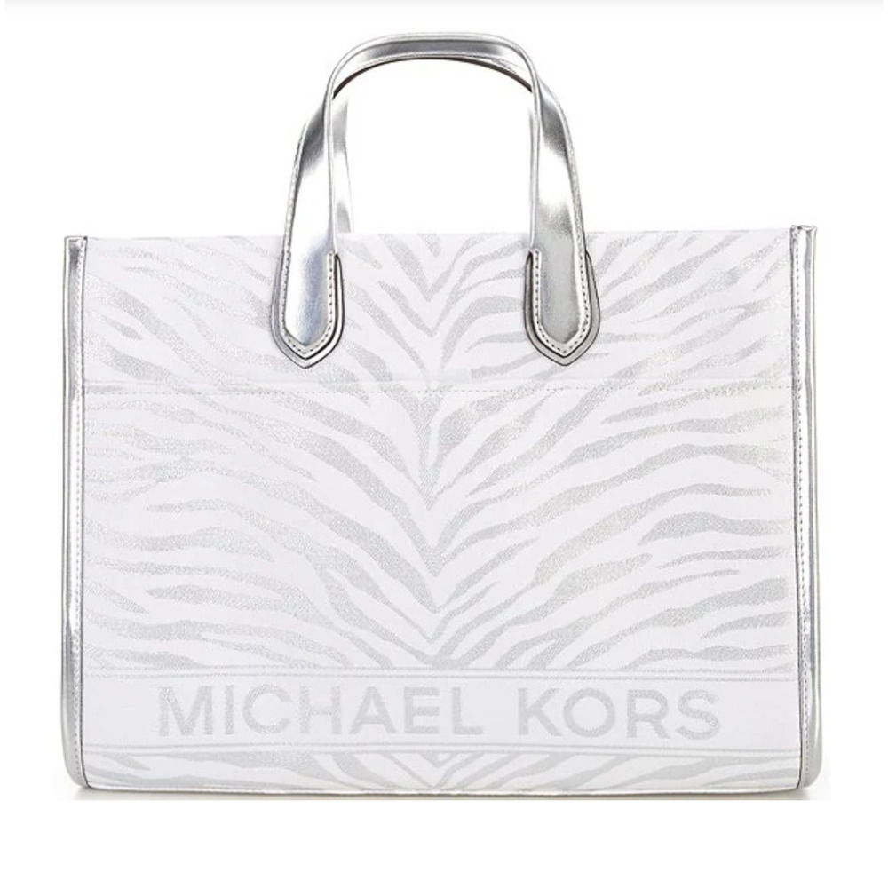 NWT Michael Kors Silver Metallic Gigi Zebra Print Large Grab Tote Bag